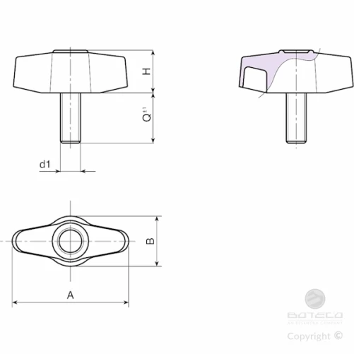 BOUTON PAPILLON LARGE FILETE REF L756-48M8X30