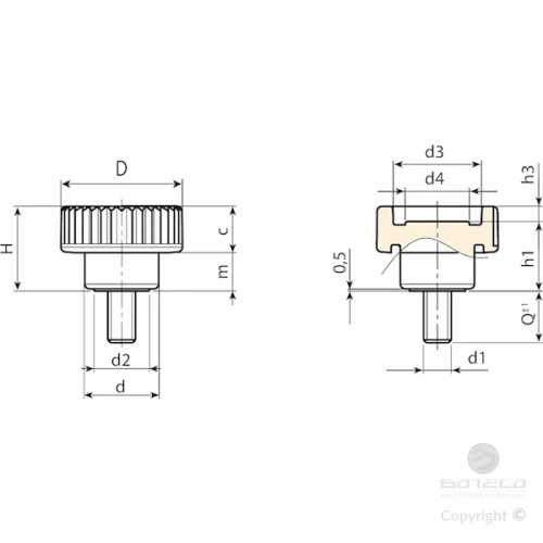 BOUTON MOLETE CREUX FILETE REF H766-33M8X16