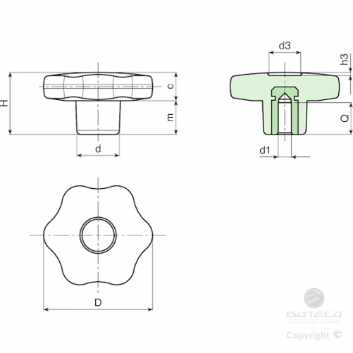 BOUTON A 6 LOBES AVEC DOUILLE TROU LISSE DIAM 60                SVT PLAN F176-60D80