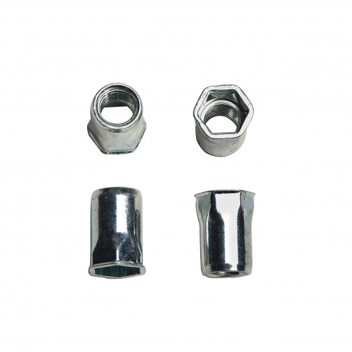 Dado a crimpare, testa esagonale ridotta, M8, liscio, foro passante, spessore da crimpare da 0,5 a 3 mm, acciaio zincato bianco