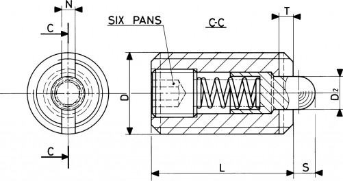 Posizionatori a molla con esagono cavo 5mm acciaio XC38 + perno XC10 22030.0105